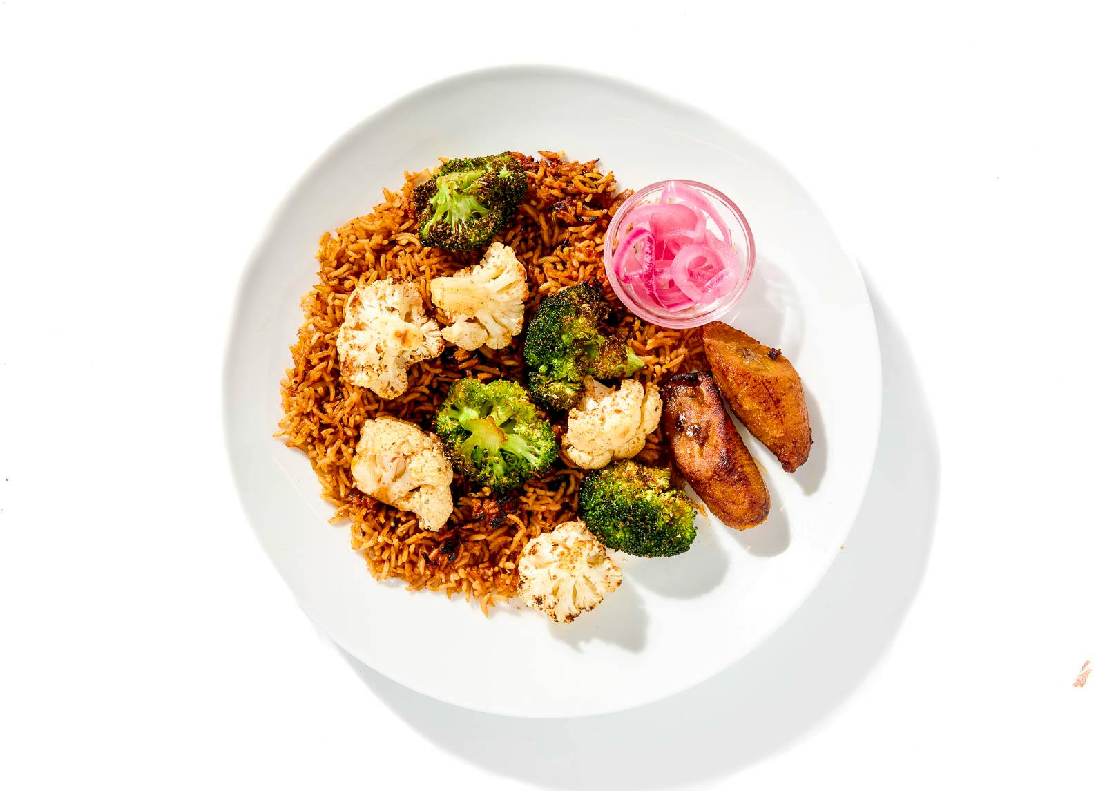 Jollof Rice with Spiced Cauliflower and Plantains
