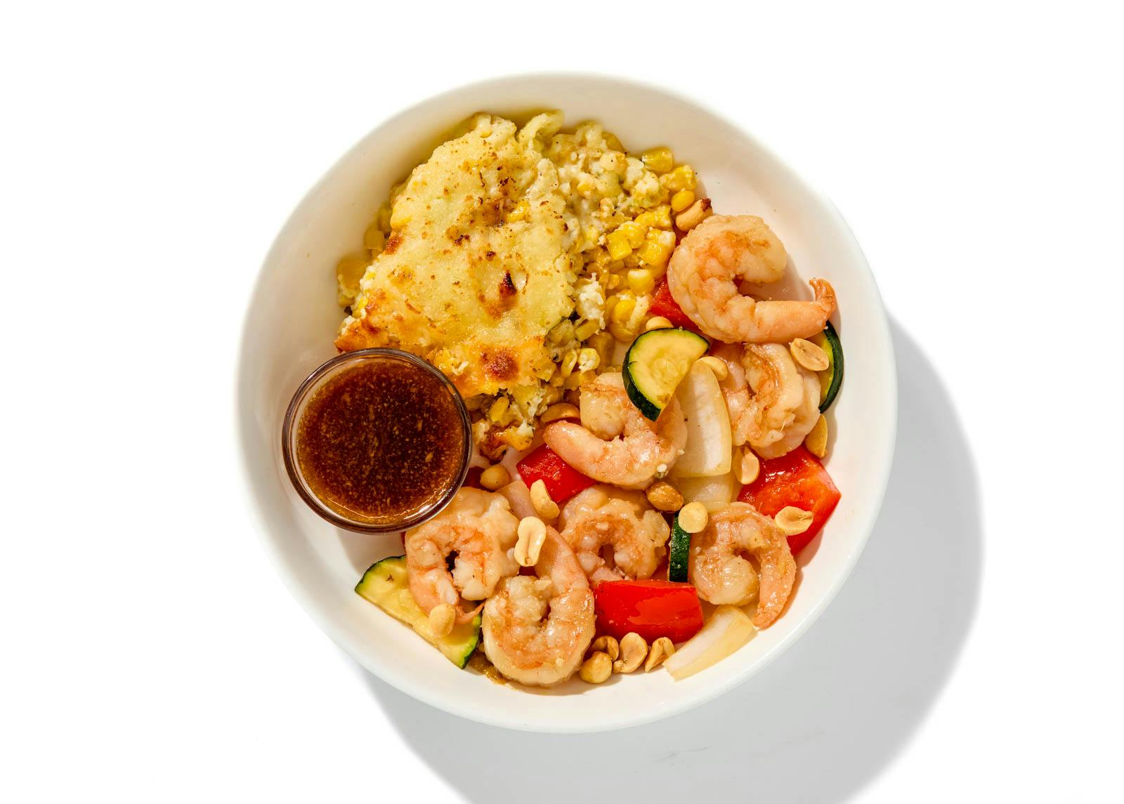 Kung Pao Shrimp with Cheesy Corn Gratin