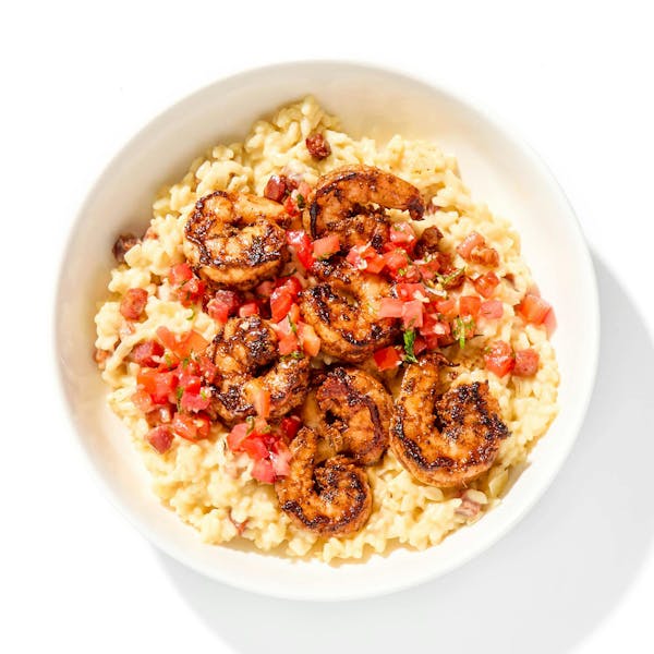 Blackened Shrimp & Cheddar-Pancetta Risotto