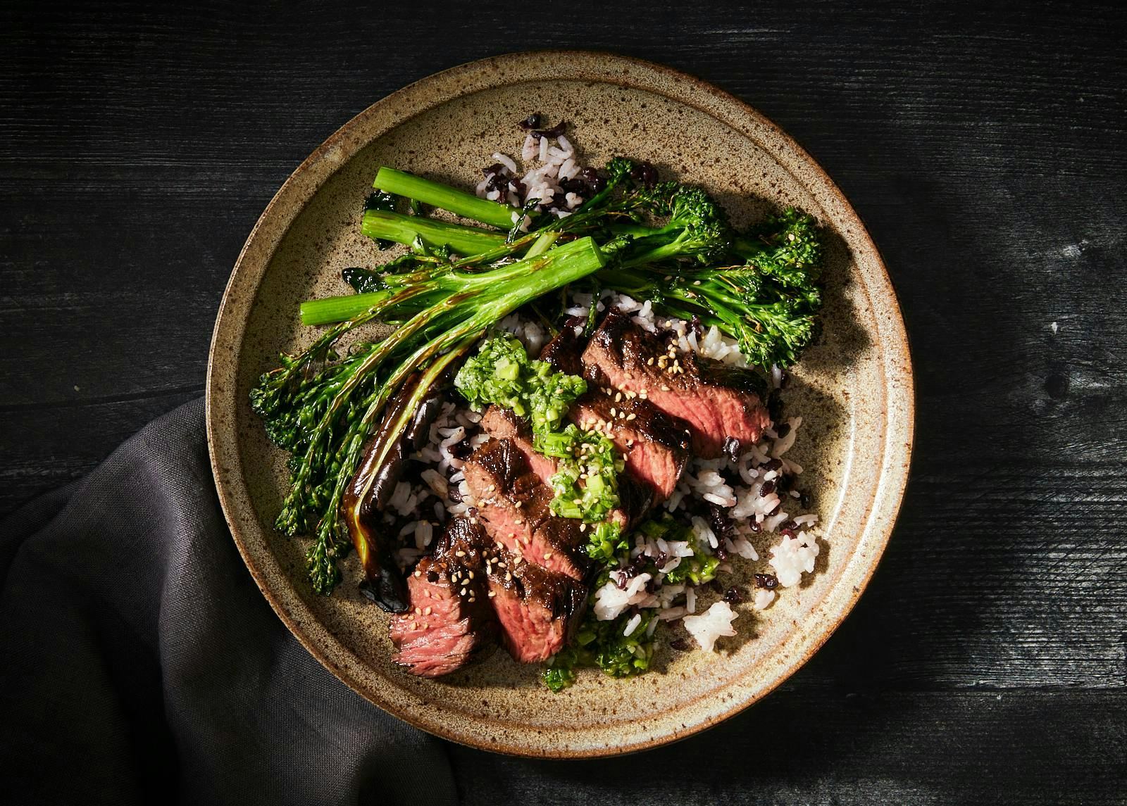 Grilled Asian Hanger Steak with Charred Broccolini