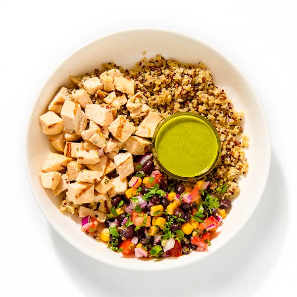 Roasted Chicken over Quinoa, Black Bean & Corn Salad