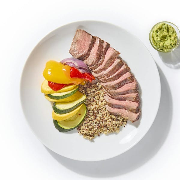 Garlic Hanger Steak with Avocado-Lime Sauce