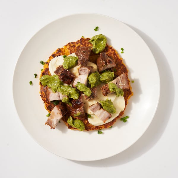 Cheesy Corn Cachapas with Roast Pork