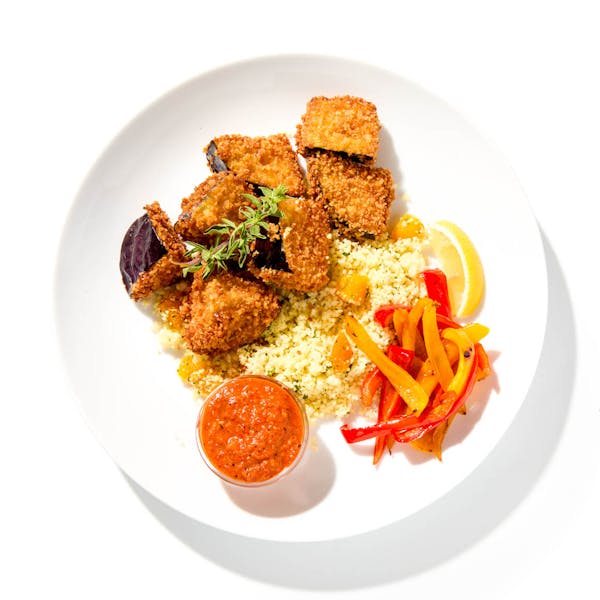 Eggplant with Apricot Couscous & Romesco