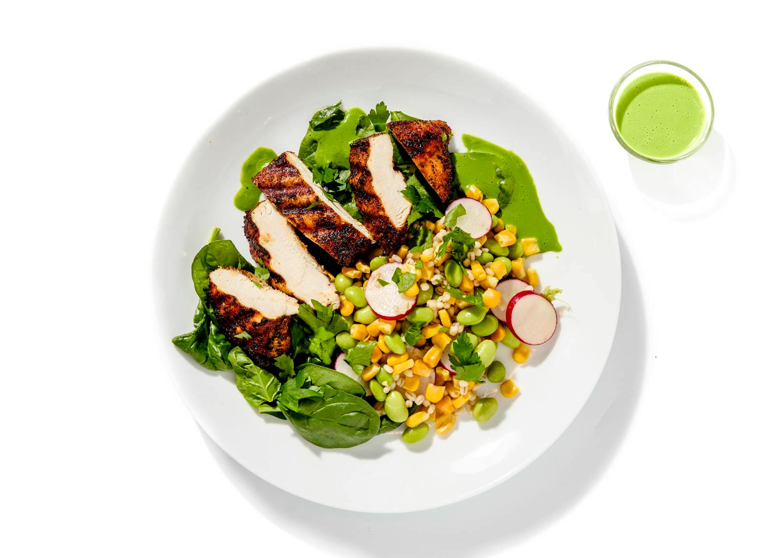 Grilled Cajun Chicken with Edamame Corn Barley Salad