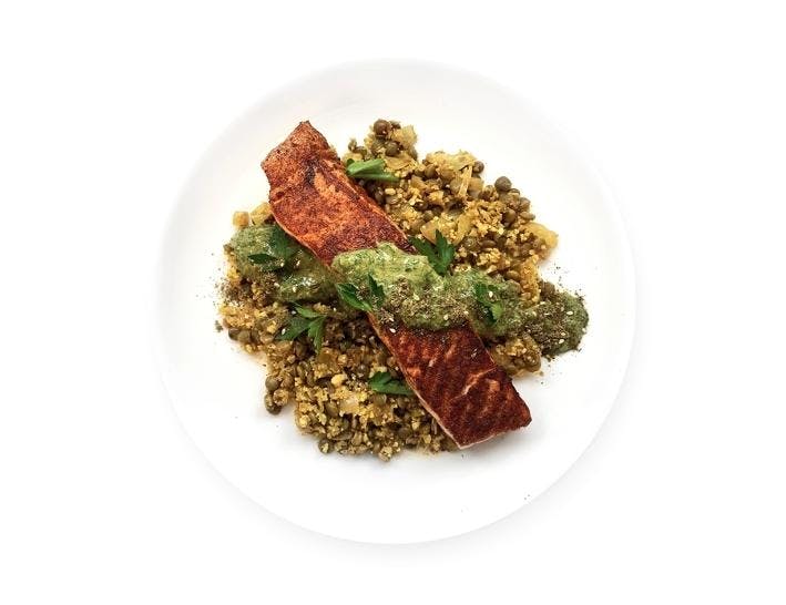 Mediterranean  Seared Salmon & Cauliflower Lentil Mujadara