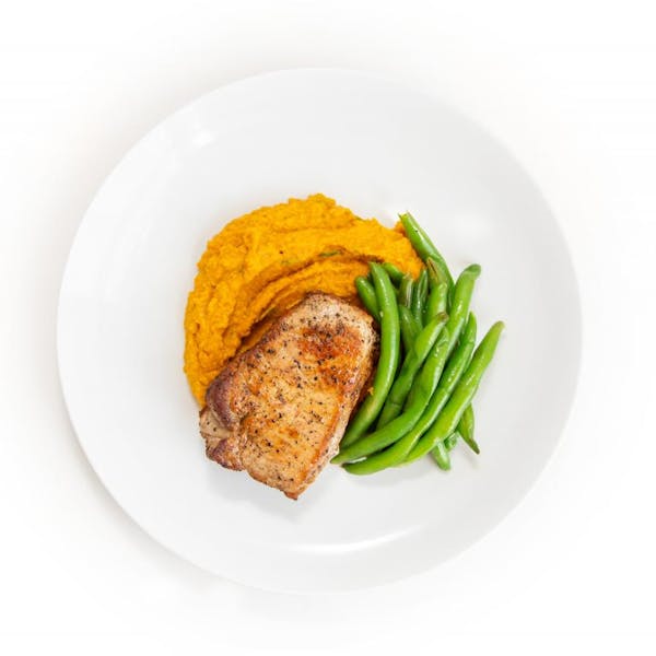 Boneless Pork Loin with Charred Root Vegetable Purée