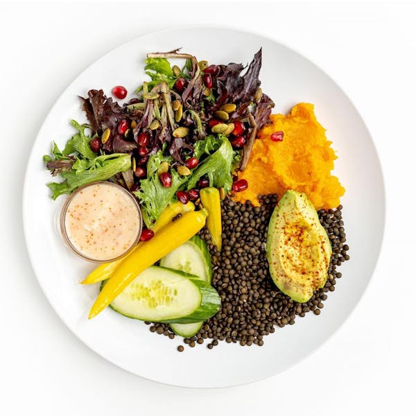 Unicorn Bowl with Lentils, Baby Greens & Sweet Potatoes