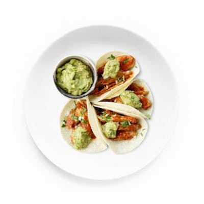 Plant-Based Chicken Tinga Tacos with Guacamole
